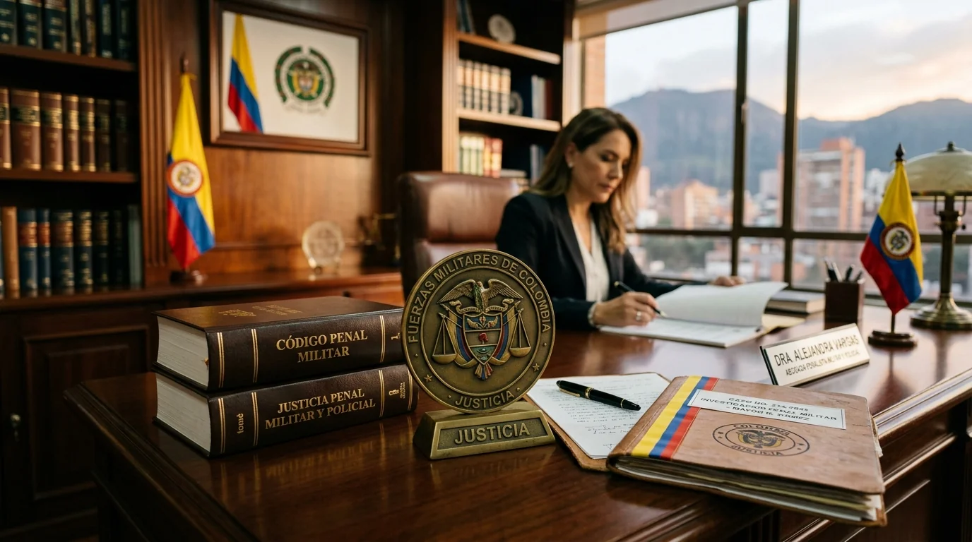 Despacho jurídico con Código Penal Militar, insignias de justicia y bandera de Colombia