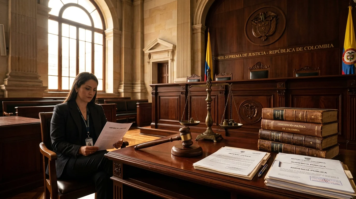 Audiencia de control de garantías y debate de libertad con balanza de la justicia y estrado judicial