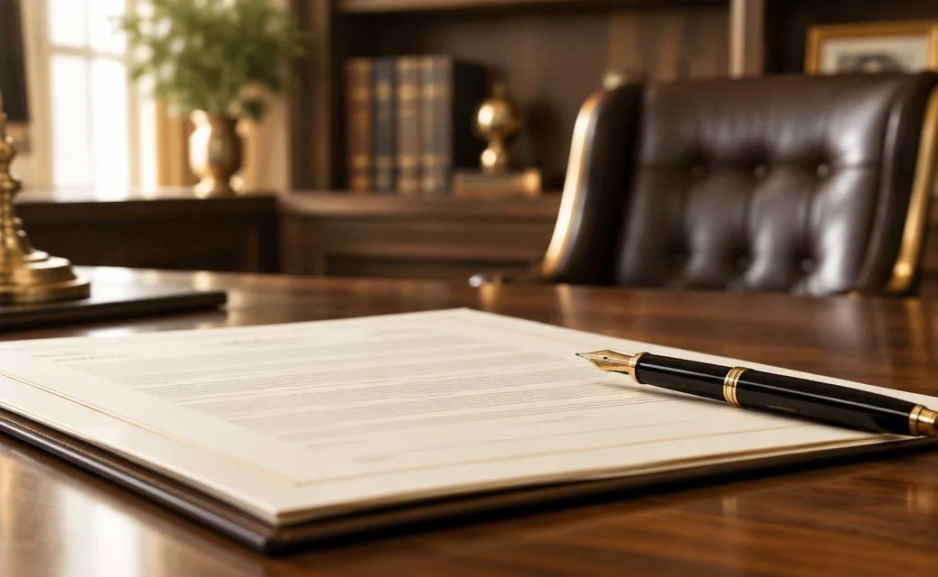 Contrato y pluma sobre escritorio jurídico en análisis de derecho disciplinario