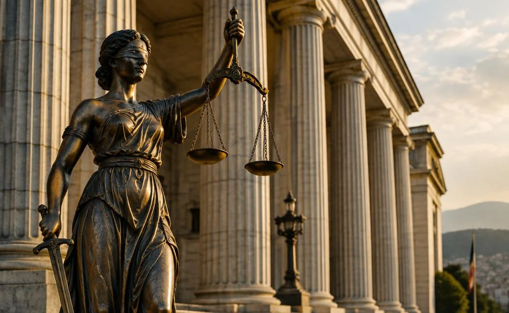 Estatua de la Justicia ante un edificio constitucional de administración de justicia